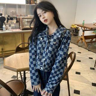 Checkered Cropped Denim Jacket Plaid - Dark Blue & Blue - One Size