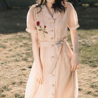 Short-sleeve Rose Embroidered Midi A-line Dress