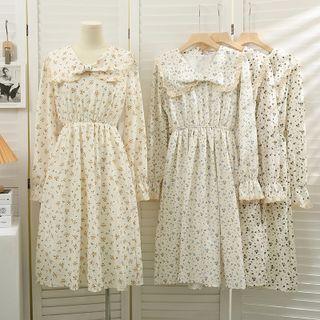 Ribbon-collar Printed Midi Dress In 6 Colors