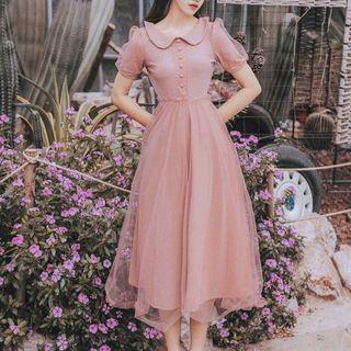 Puff-sleeve Mesh Paneled A-line Midi Dress
