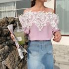 Lace Panel Off-shoulder Elbow-sleeve Top Pink - One Size