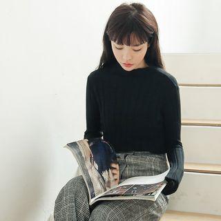 Mock Neck Wavy Rib-knit Long-sleeve Top