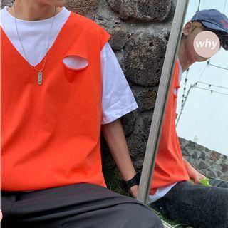 Mock Two-piece Ripped Panel Short-sleeve T-shirt