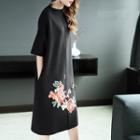 Rose Embroidered Elbow-sleeve Knit Dress