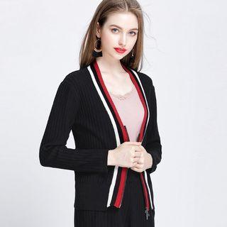 Colour-block V Neck Zip Cardigan