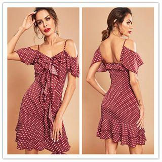 Short-sleeve Dotted Cold Shoulder Mini Mermaid Dress