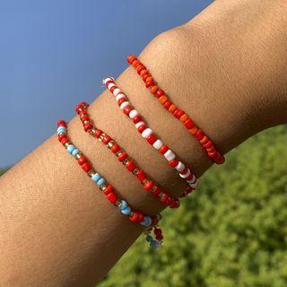 Set Of 4: Bead Bracelet (various Designs) 2548 - White & Light Blue & Red - One Size