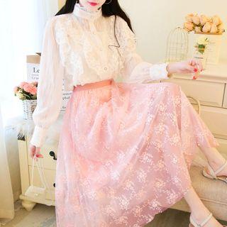Balloon-sleeve Ruffled Lace Blouse / Floral Embroidered Midi Mesh Skirt / Set