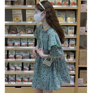 Short-sleeve Floral Tunic Dress Floral - Green - One Size