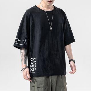 Elbow-sleeve Lettering Linen T-shirt