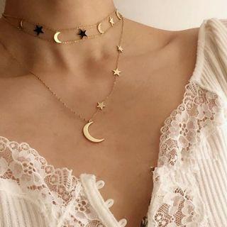 Moon & Star Pendant Layered Alloy Choker Gold - One Size
