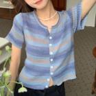 Short-sleeve Striped Single-breasted Knit Top