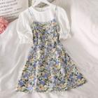 Plain Short-sleeve Blouse / Spaghetti Strap Floral Mini A-line Dress
