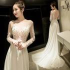 Lace Applique Dip-back Evening Gown