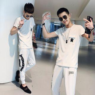 Set: Pocket Detail Short-sleeve T-shirt + Letter Applique Sweatpants