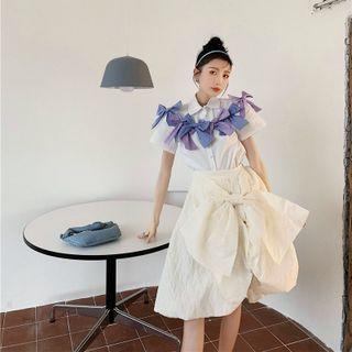 Elbow-sleeve Ribbon Shirt Bluish Purple Bow - White - One Size
