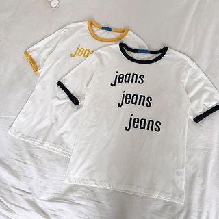 Lettering Print Color-block Crewneck Short-sleeve Top