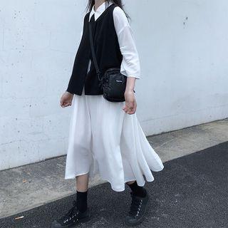 Long-sleeve Midi Shirtdress / Button Vest