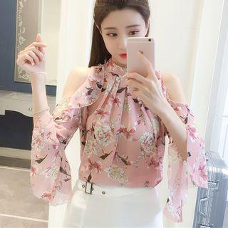 Cold Shoulder Flower Print 3/4-sleeve Top