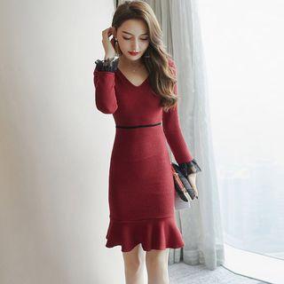 Long-sleeve Lace Trim Knit Mini Sheath Dress