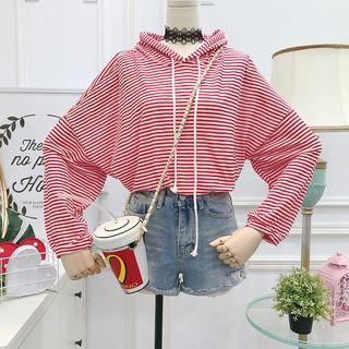 Loose-fit Dolman-sleeved Striped Hooded Top