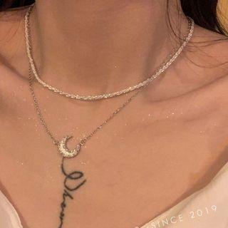 Set Of 2: Moon Pendant Shel Pendant Necklace + Rhinestone Necklace Set Of 2 - Silver - One Size