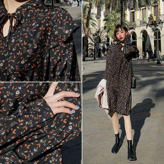 Tie-neck Frill-trim Midi Floral Dress One Size