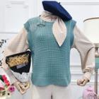 Set: Long-sleeve Dotted Blouse + Knit Vest