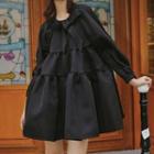 Long-sleeve Bow Tiered Mini Shift Dress Black - One Size