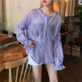 Ruched Sleeve Frilled Cuff Plain Light Top