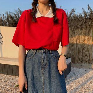 Elbow-sleeve Collar T-shirt / Midi Fitted Denim Skirt