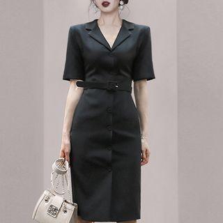 Short-sleeve Lapelled Midi Sheath Dress