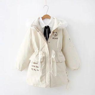 Bear Embroidered Hooded Padded Coat Off White - One Size