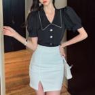 Puff-sleeve Blouse / Mini Pencil Skirt