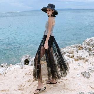 Set: Lace-up Camisole Top + Mesh Midi Skirt