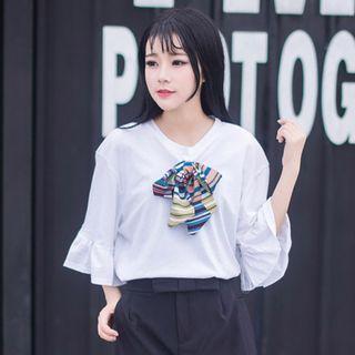 Elbow-sleeve Bow Neck T-shirt