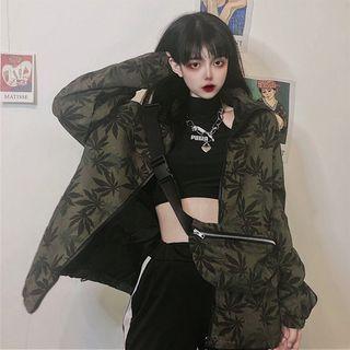 Drawstring Hem Leaf Patterned Zip Jacket With Sling Bag