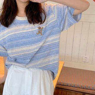 Bear Embroidered Striped T-shirt