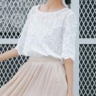 Short-sleeve Floral Embroidered Fringed Blouse