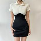 Short-sleeve Two-tone Half-zip Mini Sheath Dress