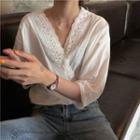 Elbow-sleeve Embroidered V-neck Blouse As Shown In Figure - One Size