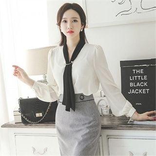 Tie-neck Chiffon Top With Brooch