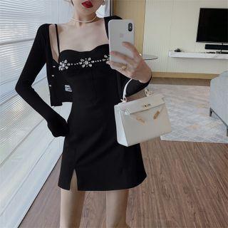 Cropped Cardigan / Spaghetti Strap Rhinestone Mini Sheath Dress