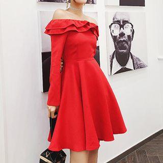 Ruffle Trim Off-shoulder Long-sleeve A-line Dress