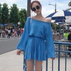 Set: Off-shoulder Long-sleeve T-shirt + Drawstring Waist Skirt