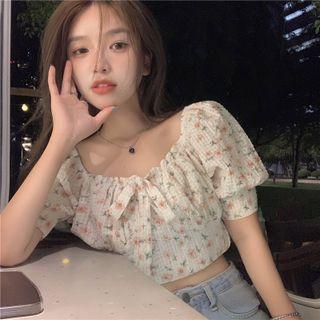 Puff-sleeve Floral Blouse Pink Floral - White - One Size