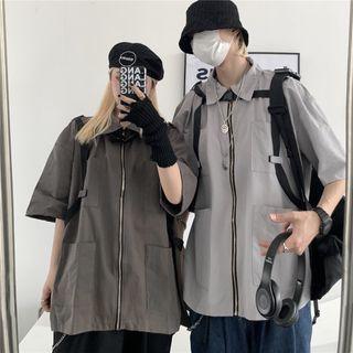 Couple Matching Elbow-sleeve Zipped Shirt