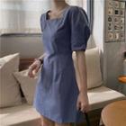 Puff-sleeve Square Neck Tie Back Plain A-line Dress