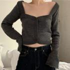 Long-sleeve Buttoned Knit Top Dark Gray - One Size