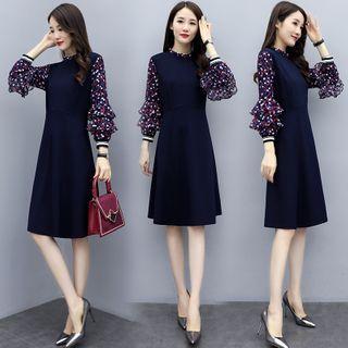 Flower Print Panel Long-sleeve A-line Dress